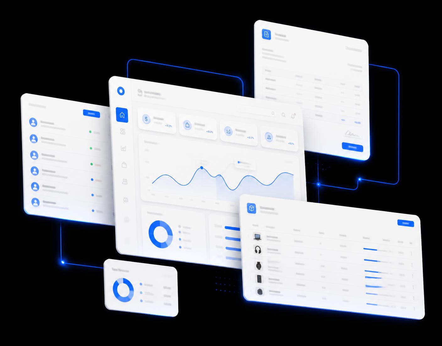 Composición de paneles de software de gestión de Código GRX: facturación, clientes, stock y datos